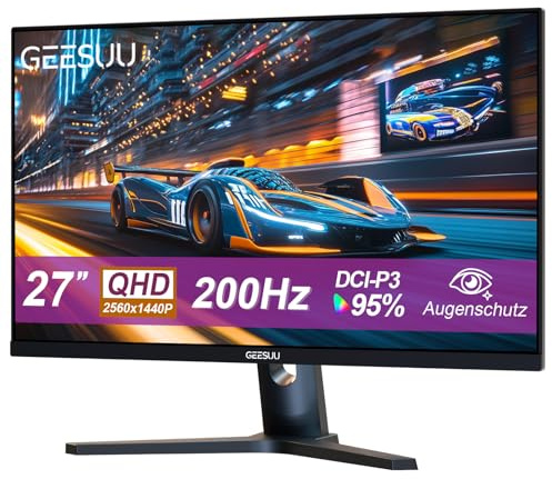 GEESUU Monitor Gaming 27 Pollici, PC Schermo Computer 200Hz, QHD 1440p, IPS, 95% DCI-P3, Bassa Luce Blu, Azzurro, Lampeggiante, HDMI 2.1 & DP 1.4(No VESA)