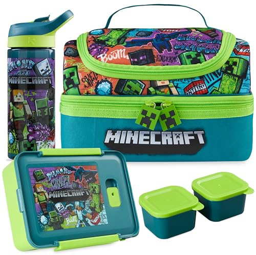 Get Trend Minecraft Bolsa Térmica, Set Niños, 3 Piezas, Botella Agua 600 ml y Caja Bento Fiambrera con 2 Compartimentos, Sin BPA, Colegio y Guardería (Multi Minecraft)