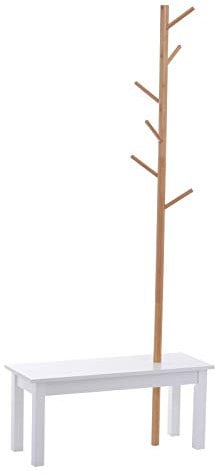 HOMCOM Garderobenständer Kleiderhaken Garderobe mit Sitzbank Baum-Design Zweige 6 Haken Eingangsbereich MDF + Bambus Weiß + Natur 80 x 30 x 180 cm