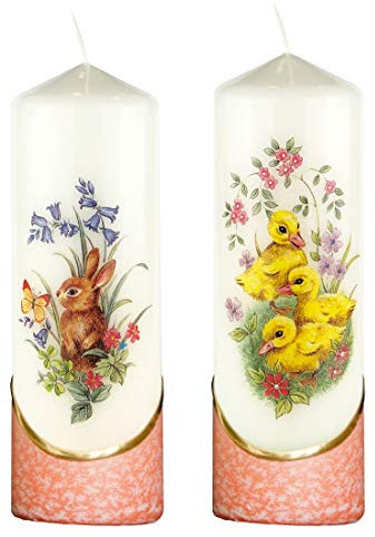 Meissner-Handel Auswahl * 2 Stück Osterkerze Stumpenkerze Osterdeko * 6 x 18 cm * mit farbigen Wachs- und Bildauflagen * Auswahl Motiv + Farbe * orange * (Serie 3 - Set 08/12)