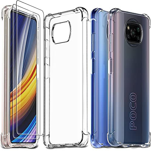 Ferilinso Hülle für Xiaomi Poco X3 Pro/Xiaomi Poco X3 NFC + 2 Stück Panzer Schutz Glas Schutzfolie [Transparent Silikon Handy Hüllen] [Stoßfest Kratzfest ] [Shock Absorption Schutzhülle]