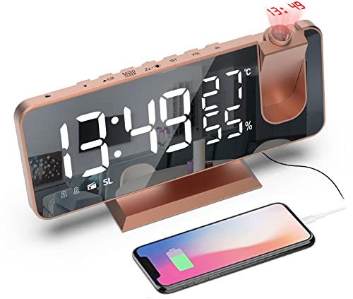 Mightree Projection Alarm Clock for Bedroom, Digital Alarm Clock with USB Charger, 7.4 Large LED Mirror Display Radio Alarm Clock, Dual Smart Alarm with Projection on Ceiling, Rose Gold