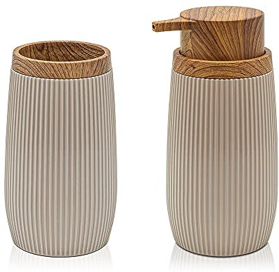 Inbagno Set 2 Pezzi Dispenser Sapone e Porta spazzolino, in plastica Tortora, con Dettagli Effetto Legno, Serie Blob