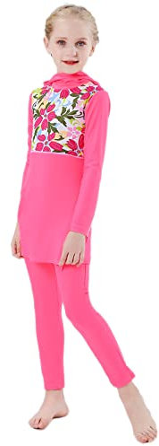 IWEMEK Mädchen Badeanzug UV Schutz 50+ Sonnenschutz Muslimische Islamische Bademode Langarm Oberteil Hijab Mütze + Hose Tauchanzug Bescheidener Neoprenanzug Schwimmen 2-teilig #Lang Rosa 5-6 Jahre