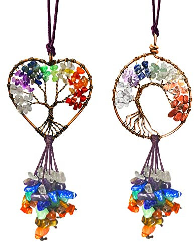Guarigione Cristallo Decor Albero della Vita Auto Appendere Accessori 7 Chakra Pietre Decorazione Murale Meditazione Ornamenti Buona Fortuna Decorazione Casa Decorazione Festa (round+heart)