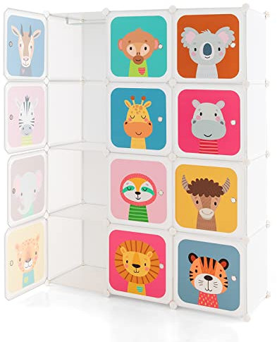 COSTWAY 8/12 Cube Children Clothes Closet, Cartoon Modular Wardrobe with Hanging Sections, Kids Storage Unit for Children Room, Nursery, Bedroom
