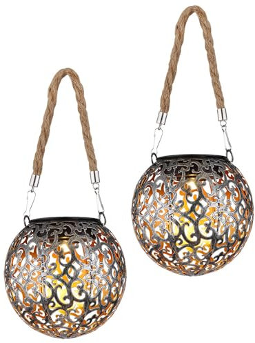 Solarlampe Hängeleuchte Gartendeko LED Garten rund Außenleuchte Tisch Pendellampe im Kugeldesign, Metall kupfer silber, 1x LED, DxH 12x26 cm, 2er Set