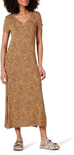 Amazon Essentials Vestido Midi de Punto de Manga Corta con Escote en Pico Mujer, Camel Oscuro Estampado de Animales, XXL