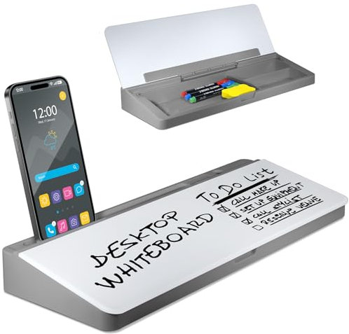 Tableau blanc de bureau – Tableau blanc en verre effaçable à sec, compagnon d'ordinateur de bureau – Bureau à domicile et essentiels d'étude – Sous-main de bureau avec fente pour téléphone et
