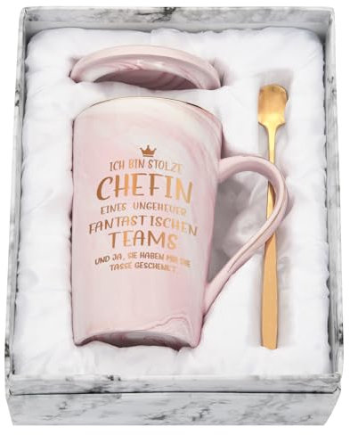 Joymaking Keramik Kaffeetasse mit Spruch - Ich bin stolze Chefin eines wahnsinnig fantastischen Teams - Chefin Tass Geschenke zum Geburtstag Abschied Rentenbeginn Geschenk, Rosa