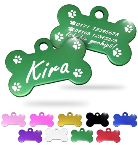 Ibera gifts - Hundemarke mit Gravur und personalisierte Hundemarke in Knochenform für kleine bis mittelgroße Hunde und Katzen (Grün, Pfoten)