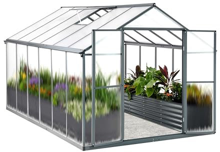 Euboer Serra in alluminio con 362 x 238 cm, fondazione da 4 mm, grande serra, resistente all'inverno, 14,03 m³, doppia porta, colore: grigio