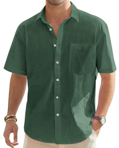 VDDTAGAM Chemise Hawaienne Homme Manches Courtes/Longues - Rose, Blanche, Verte - Ensemble Avec Short - En Lin (Green,3XL)