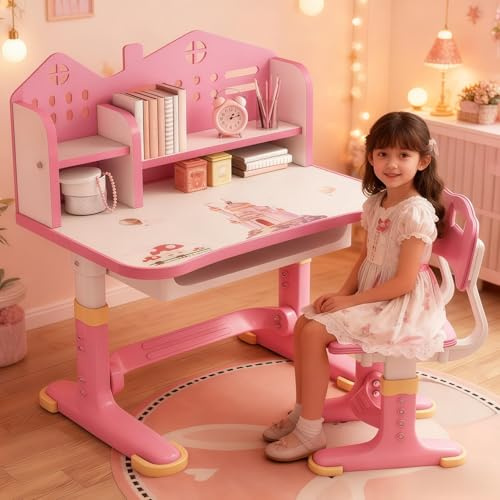 Tuelaly Kinderschreibtisch und Stuhl-Set, höhenverstellbare Kinderschreibtische mit geräumiger Schublade, goldener Abstand zur Vermeidung von Kurzsichtigkeit, Design Schreibtisch für Kinder für