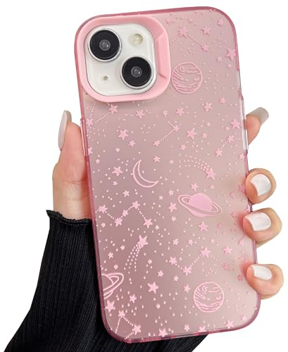 ZTOFERA Rosa Aesthetic Hülle für iPhone 14 Plus/15 Plus (6.7), Planeten | Cute Planet Sterne Universum Muster, Harte PC Rückseite Silikon Handyhülle, Schlank Stoßfest Schutzhülle, für Mädchen Frauen
