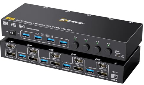 YOUTINGHDAV KVM Switch 2 Monitors 4 Computers Displayport HDMI 8K@60Hz 4K@144Hz, USB 3.0 KVM Switch 4 PC 2 Monitors for Share 4 USB Device Mouse Keyboard, Wired Remote(8K DP HD 4 in 2 out KVM)