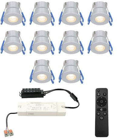 HOFTRONIC - Milano - 10er LED-Einbaustrahler 12 Volt - Beleuchtung Terrassenüberdachung - Dimmbar - Komplettset mit Fernbedienung - 3W - Plug & Play - 2700K 200lm - IP65 wasserdicht - Edelstahl