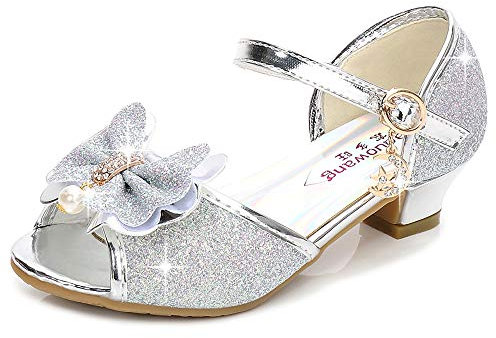 Eleasica Sandalen für Mädchen rutschfest Schuhe für Kinder Geburtstag Weihnachten Prinzessinnenschuhe Offene Spitze Eiskönigin Stöckelschuhe Allerheiligen Fest Partykleid,Silber,33