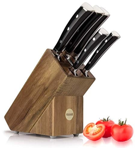 5 Piece Professional Sabatier Knife Block Set - Solid Wood Block, Full Tang, Quality High Carbon Steel Taper Ground Blades, Triple Rivet Comfort Handles. Sharper for Longer. by Taylors Eye Witness