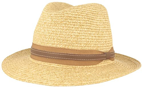 Strohhut Bogarthut Sommerhut Sonnenhut aus 100% Papier knautschbar mit Garnitur Besonders Leicht, Flexibel, Hautfreundlich Bequem Beige Mel. Kunstlederband, M
