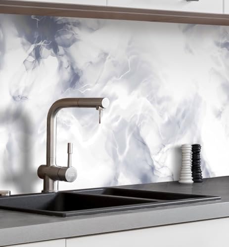MyMaxxi Küchenrückwand Folie selbstklebend matt - einfache Montage ohne Bohren 0,4mm stark Versteift - Motiv Marmor blau weiß 60cm hoch - Spritzschutz Küche Klebefolie - Steine Mauer 400 x 60cm
