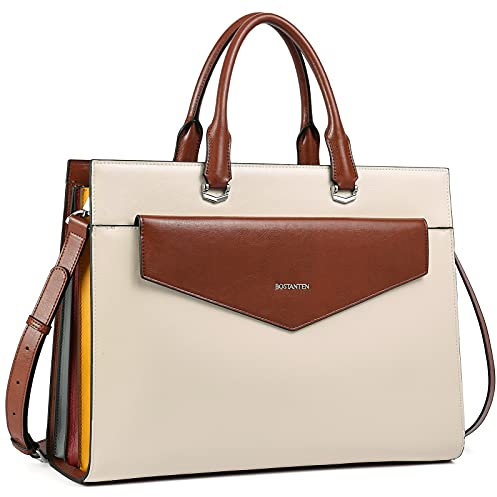 BOSTANTEN Damen Aktentaschen Leder Laptop Schultertasche 15.6 Zoll Frauen Arbeitstasche Businesstasche Groß Beige
