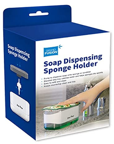 Grand Fusion 2-in-1 Soap Dispensing Kitchen Sponge Pump Caddy. Automatically Load Dish Scrubbers or Brushes with Liquid Soap For Dishwashing by Hand. Easy to Refill, Raised Tray Dries Sponges Quickly