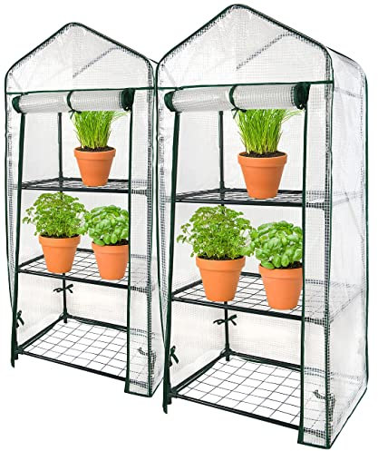 Royal Gardineer Gewächshaus Regale: 2er-Set Folien-Gewächshäuser, 3 Etagen, Aufroll-Tür, 59x126x39cm, weiß (Mini-Gewächshaus Balkon, Kleingewächshaus, Insektenschutz)