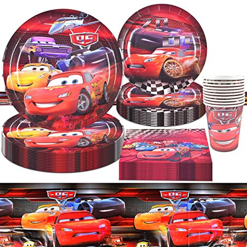 ZeYou 51 Piezas Vajilla Cars Cumpleaños, Decoraciones de fiesta de cumpleaños para niños Car Theme Birthday For Kids Boy Mantel Vajilla Servilletas Tazas para Cumpleaños 10 Invitados