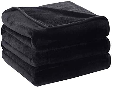 HOZY Coperta in pile 130 x 150 cm, colore: Nero morbido e caldo, 350 gsm, coperta per letto e divano in flanella, reversibile double face