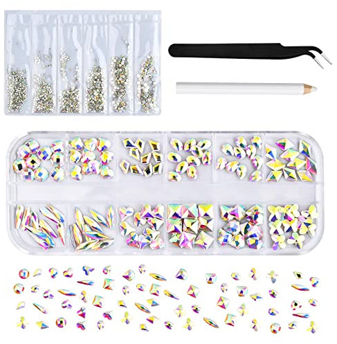 1860Pcs Piedras de Strass 6 Tamaños Gemas de Espalda Plana Redonda 12 Estilos Cristal de Diamantes de Imitación AB Diamantes de Uñas con Pinzas de Recogida y Punteador de Diamantes de Imitación