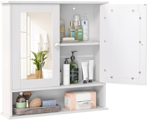 RELAX4LIFE Bathroom Mirror Cabinet, Wall Mounted Display Organizer Unit with Mirror, Double Door & Adjustable Shelf, Wooden Storage Cupboard for Bathroom Kitchen Living Room (White)