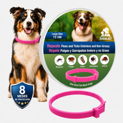 Collare Antiparassitario per Cani - 8 Mesi di Protezione contro Pulci, Zecche, Zanzare e Acari - Efficace e Sicuro 100% Naturali (1, ROSA, 72CM)