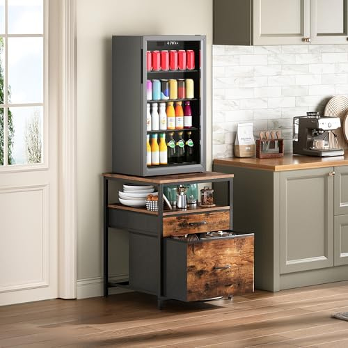 Herture Mini Fridge Stand with 3 Storage, Mini Fridge Cabinet, Beverage Fridge Table, Heavy Duty 55.2cm L * 57.68cm W Tabletop, for Dorm, Apartment,Office, Bedroom Rustic Brown HB01BXN