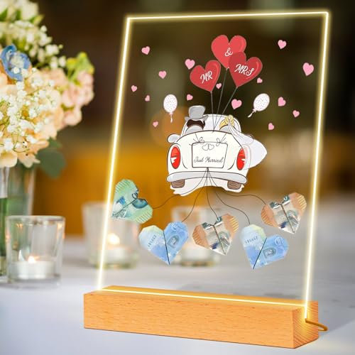 Charfia Hochzeitsgeschenk Geld, LED Geldgeschenk Hochzeit Hochzeitsgeschenke für Brautpaar, Acryl Hochzeitsgeschenke mit Holzfuß Geschenk Hochzeit Geldgeschenk Geldgeschenke Hochzeit