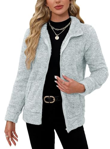 BesserBay Winter Damen Taschen Reißverschluss Warm Stehkragen Teddyfleece Jacke Elegant Weich Sweatjacke Silber L