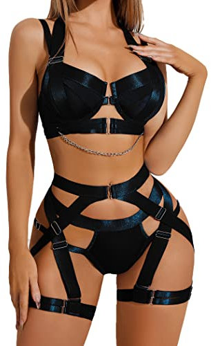 Avidlove Damen Reizwäsche Dessous Sexy Set Unterwäsche Sexy BH mit Bügel Slip Push Up Nachtwäsche Elegant Strapsen Schwarz S