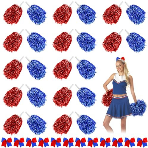 WATUNID 24 Stück Cheerleader Pompons mit Baton Handle, Metal Foil Pom Poms Cheerleading mit Große Haarschleife, Pompons Cheerleader für Schule, Sport, Tanz, Karneval Parteien, Wettbewerb (Blau,Rot)