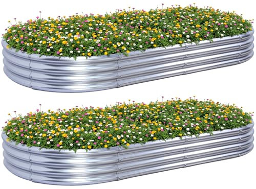 KINI MOX 2Pcs Raised Garden Bed 8x4x1 FT Galvanized Boxes Outdoor Planter Box Plant for Vegetables Flowers Herb (Oval, 8x4x1 FT/240x120x29 CM)