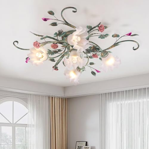 MeiXtrevar Flower Chandelier Ceiling Light,5-Light Pink Ceramic Rose Ceiling Lamp with Glass Lampshade,Flush Mount Ceiling Light Fixture for Living Room,Bedroom,Dinning Room,Hallway,Kitchen,Green.