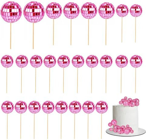 Disco Ball Cake Decorations, 26PCS Disco Ball Cake Toppers, 1970s Disco Themed Cake Toppers, Cupcake Toppers Mini Disco Ball for Birthday Disco Theme 70s Party Supplies(3 Size Pink)