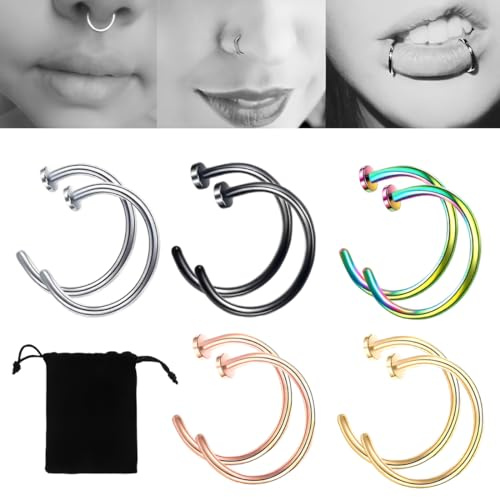 GGUFAY 10 Pièces Faux Piercing Faux Piercing Nez,8mm Piercing Nez,Acier Chirurgical Faux Anneau Nez,Non Piercing Fake Piercing Nez Femme Homme,Pour Nez Lèvre Poitrine Intime Charnière