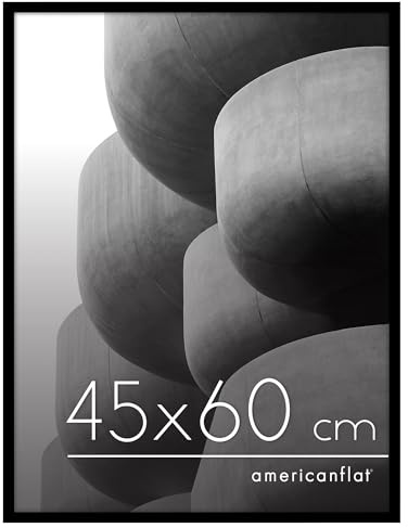 Americanflat Bilderrahmen 45x60 cm - schmaler Bilderrahmen 60x45 cm mit Plexi-Scheibe - Fotorahmen mit integrierter Aufhängung für Hoch- und Querformat - Schwarz