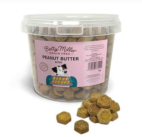 Betty Miller Grain Free Dog Treats - Peanut Butter Bites -1kg Bulk Dog Treats - British Baked Dog Biscuits - Peant Butter for Dogs