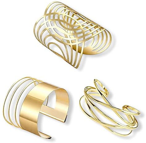 Cjytdkj Gold Cuff Bracelet, 3pcs Gold Bangle Wide, Open Metal | Wire Cuff Bracelets for Women, Adjustable Arm Cuffs Bangle Bracelets Set, Costume Jewelry