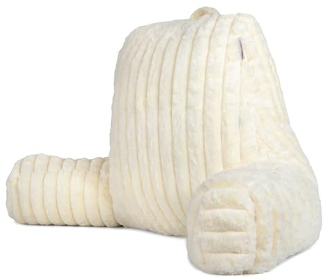 Aamira Reading Pillow, Memory Foam, Faux Fur Ribbed Cover, Cream | 48 x 44 x 87cm reading pillow with adjustable memory foam, armrests, carry handle, rear pocket and ribbed faux fur cover.
