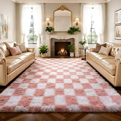 Untimaty Rugs Living Room - 160x230cm Classic Checkered Large Pink & White | Ultra Soft Fluffy Bedroom Area Rugs Washable Anti-Slip Backing Carpet Nursery Kids Room Modern Floor Home Decor