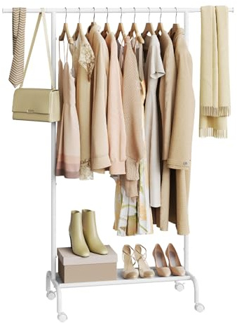 WOLTU Kleiderständer mit Rollen und ausziehbarer Stange | Kleiderstange aus Metall & Oxford-Stoff, für Kleidung/Taschen/Schuhe, (84-124) x 156 x 40 cm, Weiß