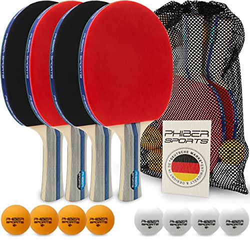 PHIBER-SPORTS Tischtennis Set mit 4 Tischtennisschläger + 8 Tischtennisbälle + Praktische Tragetasche | Indoor & Outdoor | Ideal für Anfänger, Familien und Profis - Tischtennisschlaeger