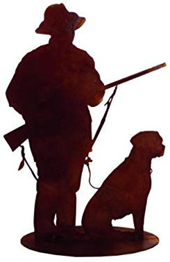 Edelrost Jäger Gustl mit Jagdhund Josef auf Bodenplatte 26 x 18 cm